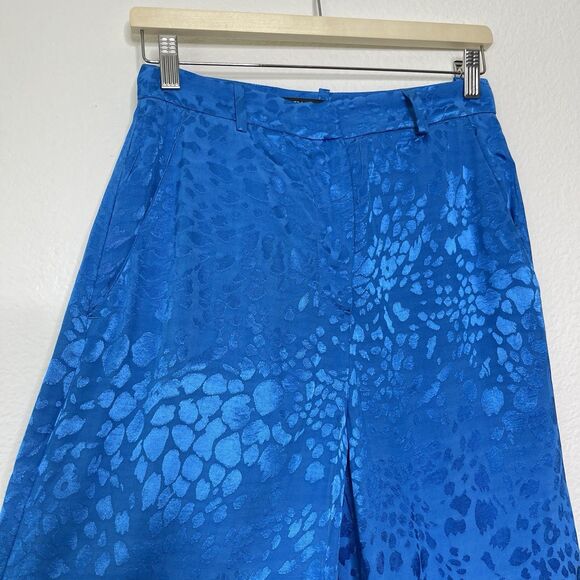 ZARA Small Satin Wide Leg Animal Jacquard Pants 31" Turquoise Bold Statement - Picture 1 of 12
